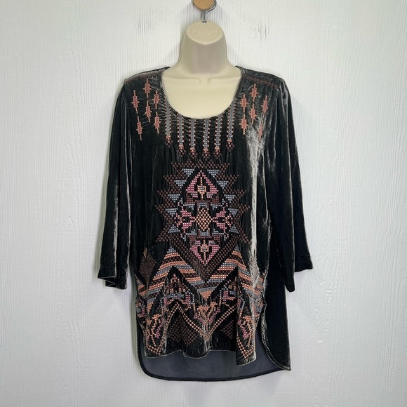Johnny Was - Colorful Grey Crushed Velvet Scoop Long Sleeve Blouse Small - Picture 2 of 11